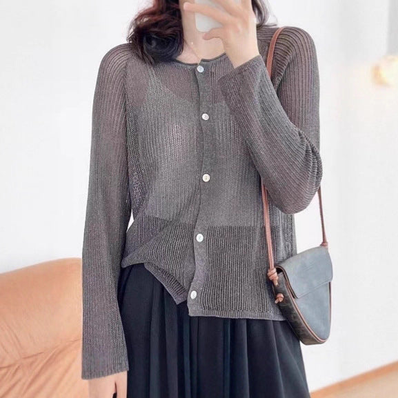 Round Neck Hollow-out Sunscreen Knit Cardigan Women's Version Loose Simple Sweater Coat Jacket