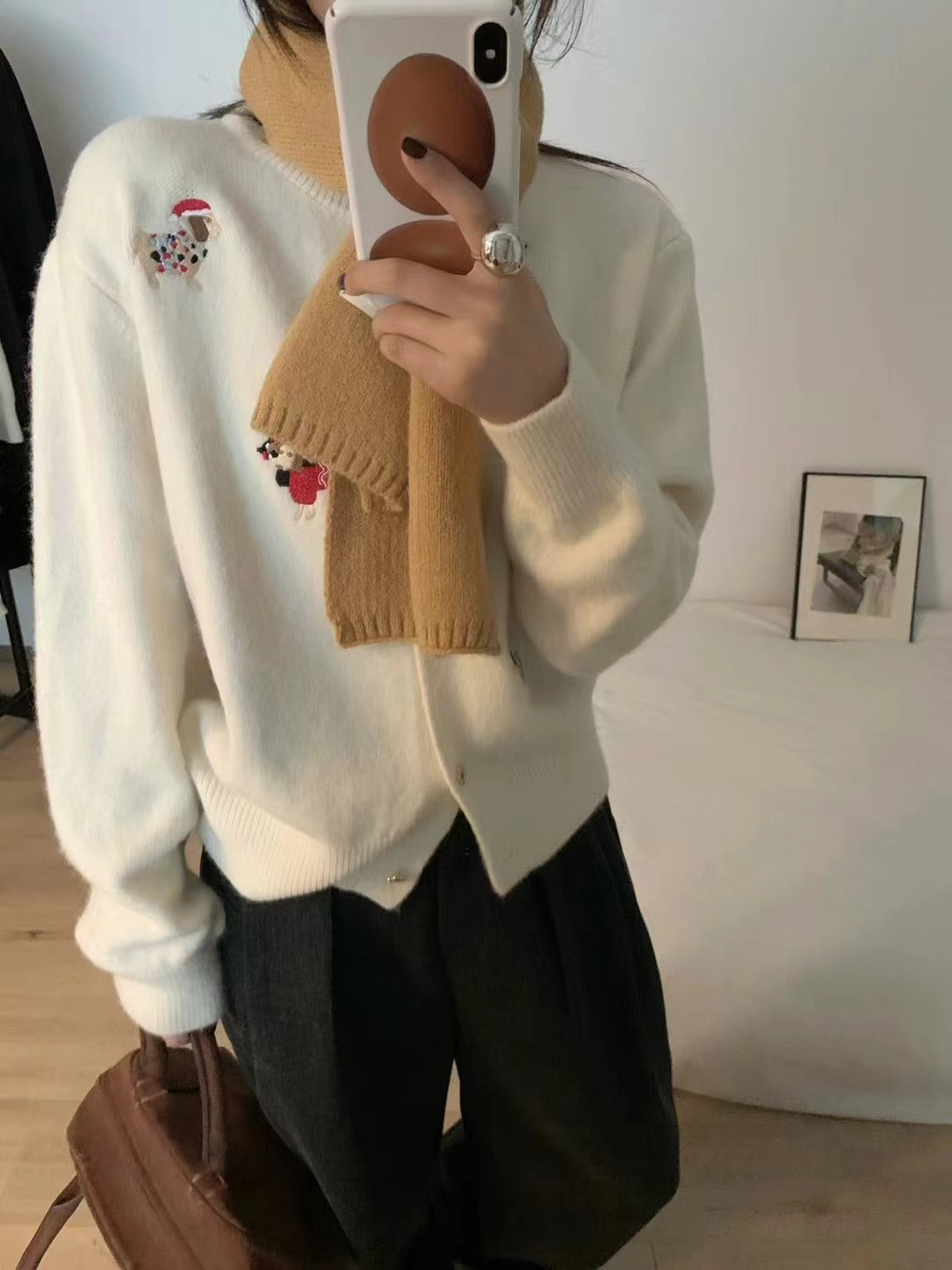 Vintage Heavy Embroidery Christmas Red Dog Knit Cardigan Women's Design Star Button Sweater Jacket