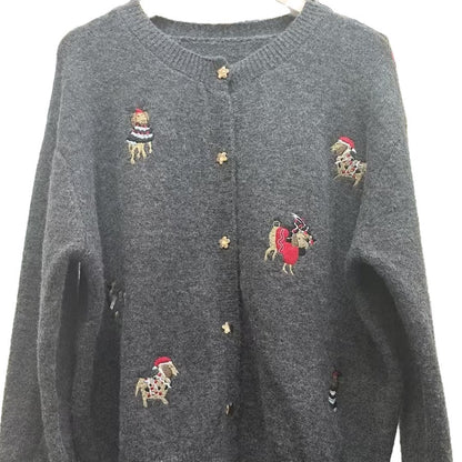 Vintage Heavy Embroidery Christmas Red Dog Knit Cardigan Women's Design Star Button Sweater Jacket