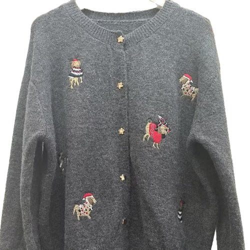 Vintage Heavy Embroidery Christmas Red Dog Knit Cardigan Women's Design Star Button Sweater Jacket