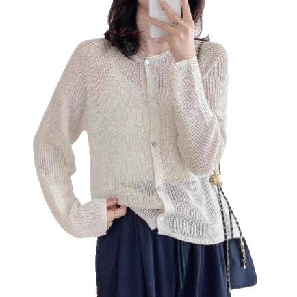 Round Neck Hollow-out Sunscreen Knit Cardigan Women's Version Loose Simple Sweater Coat Jacket