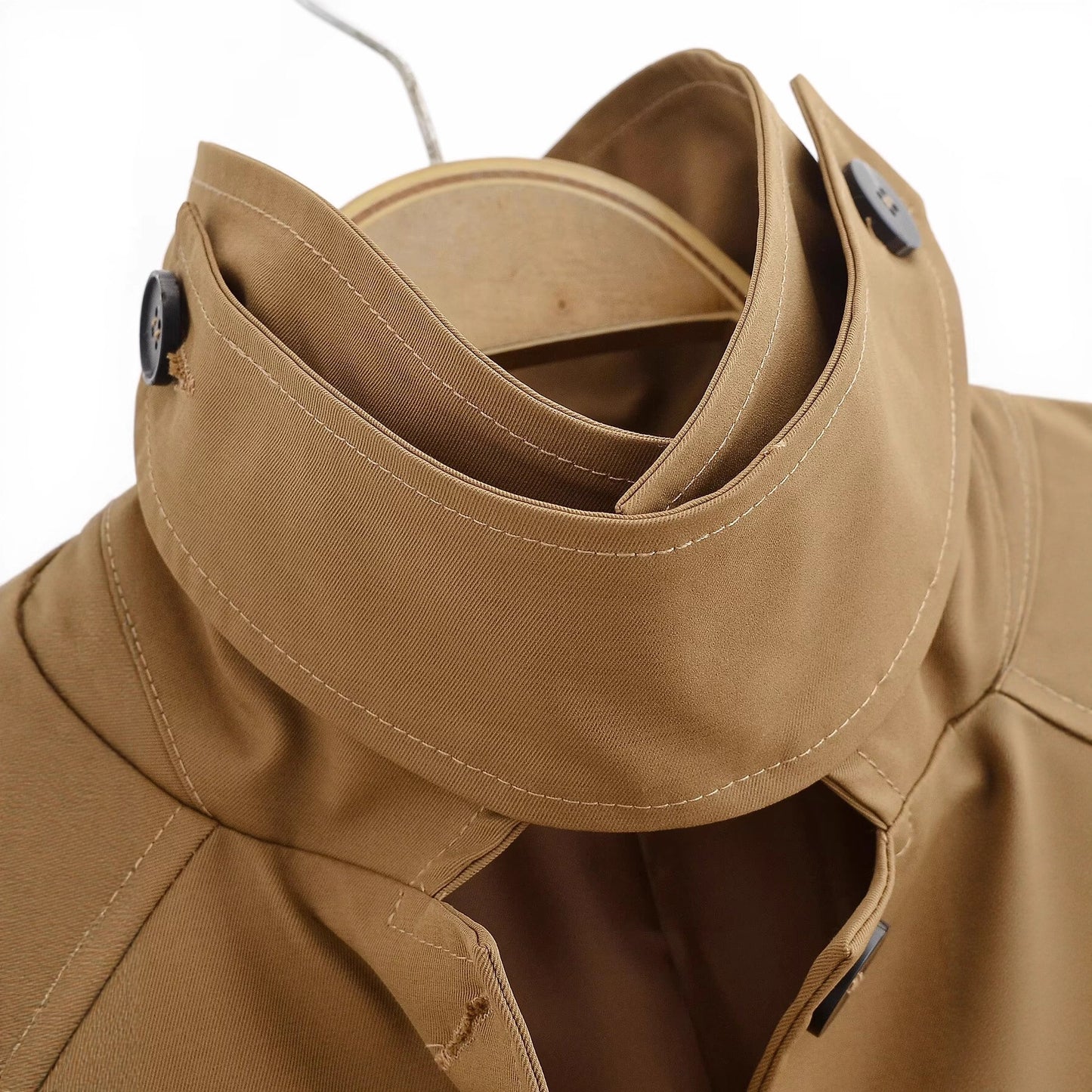 Stand up collar mid length solid color trench coat for women