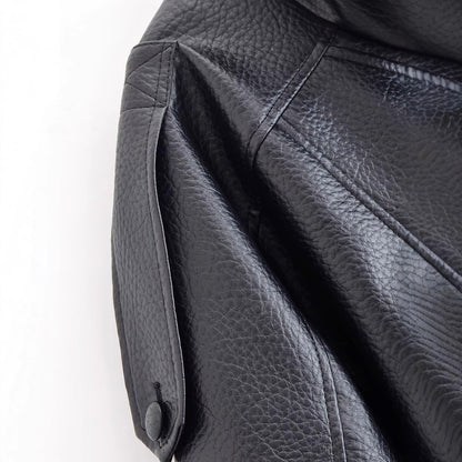 Stand collar long sleeved lychee patterned PU jacket for women