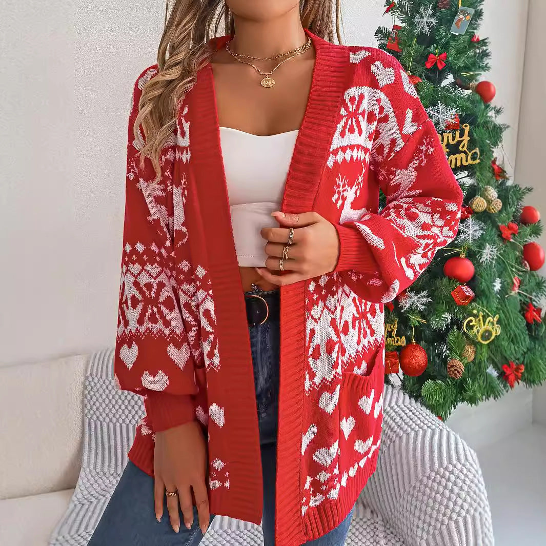 Christmas deer pocket long sleeved cardigan sweater jacket