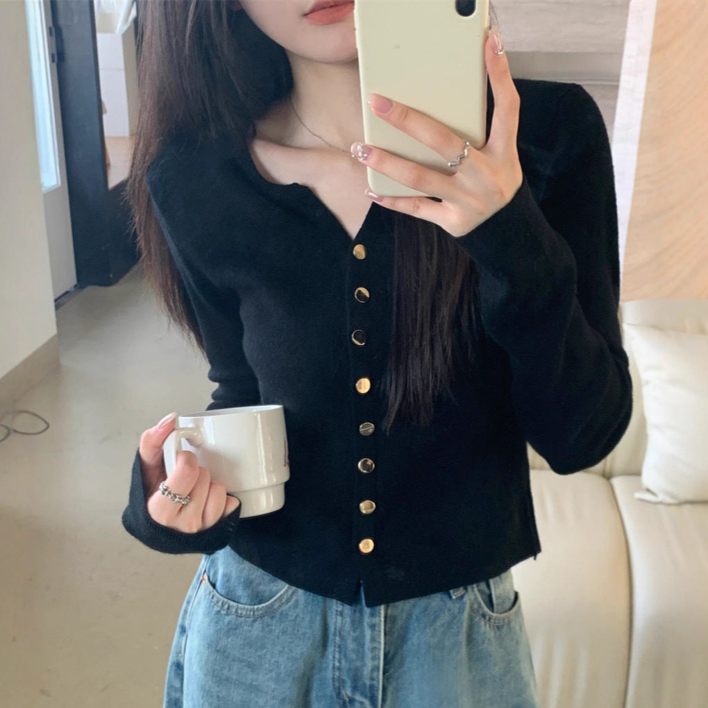 Retro Unique Small V-neck Knitted Cardigan Women's Slimming and Stylish Versatile Sweater Jacket