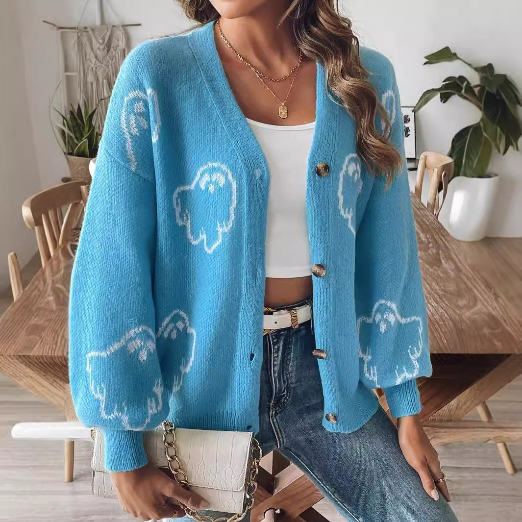 Casual button sweater cartoon jacquard cardigan for women