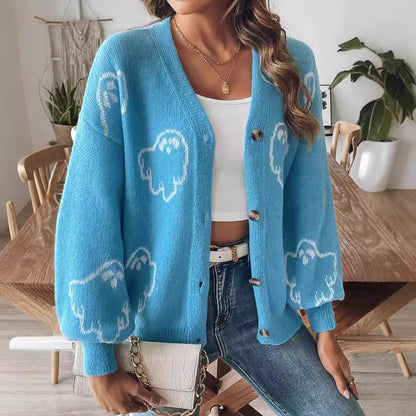 Casual button sweater cartoon jacquard cardigan for women