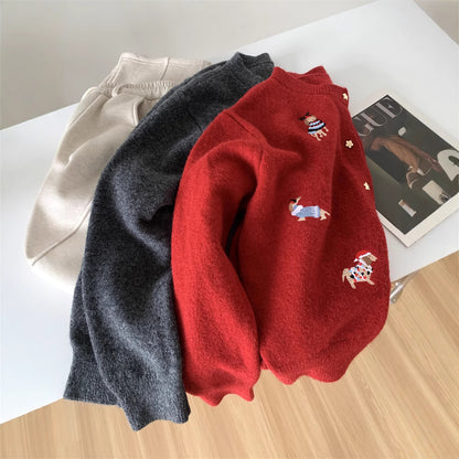 Vintage Heavy Embroidery Christmas Red Dog Knit Cardigan Women's Design Star Button Sweater Jacket