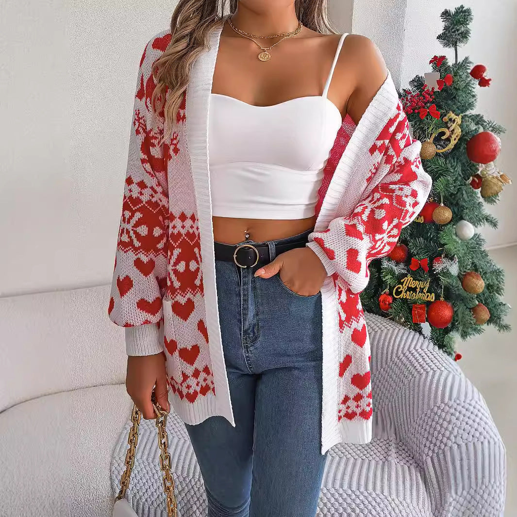 Christmas deer pocket long sleeved cardigan sweater jacket
