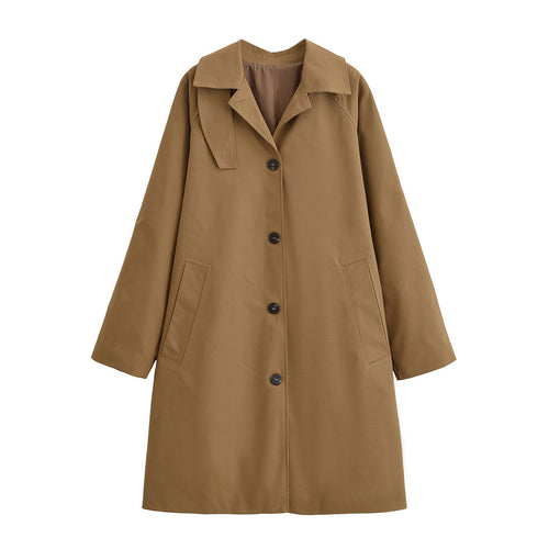 Stand up collar mid length solid color trench coat for women