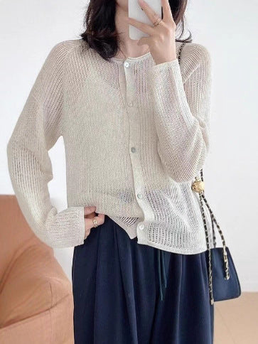Round Neck Hollow-out Sunscreen Knit Cardigan Women's Version Loose Simple Sweater Coat Jacket