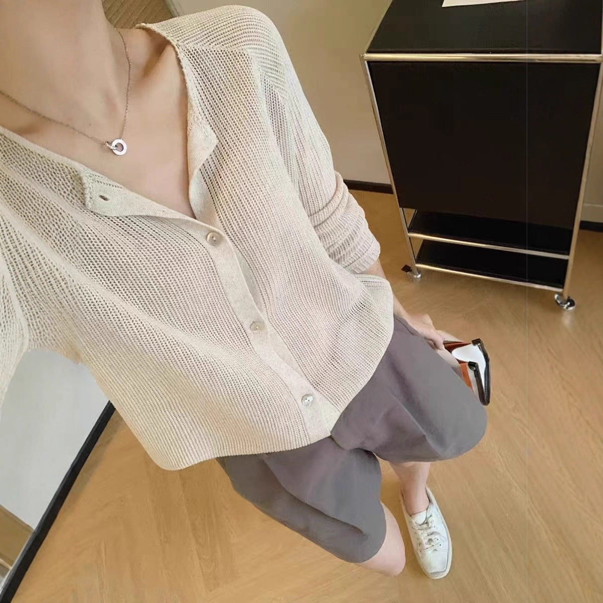 Round Neck Hollow-out Sunscreen Knit Cardigan Women's Version Loose Simple Sweater Coat Jacket