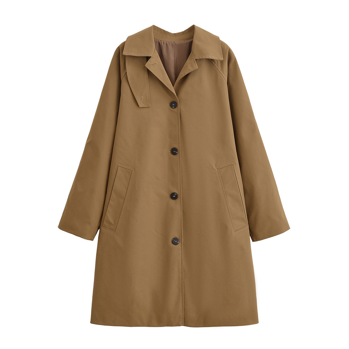 Stand up collar mid length solid color trench coat for women