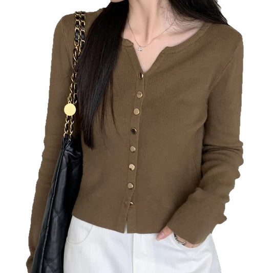 Retro Unique Small V-neck Knitted Cardigan Women's Slimming and Stylish Versatile Sweater Jacket