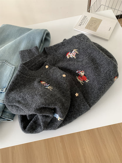 Vintage Heavy Embroidery Christmas Red Dog Knit Cardigan Women's Design Star Button Sweater Jacket