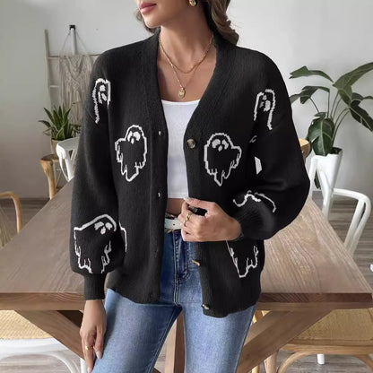 Casual button sweater cartoon jacquard cardigan for women