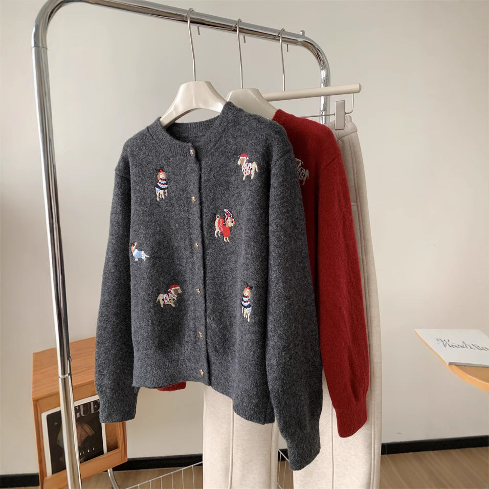 Vintage Heavy Embroidery Christmas Red Dog Knit Cardigan Women's Design Star Button Sweater Jacket