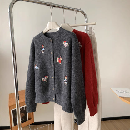 Vintage Heavy Embroidery Christmas Red Dog Knit Cardigan Women's Design Star Button Sweater Jacket