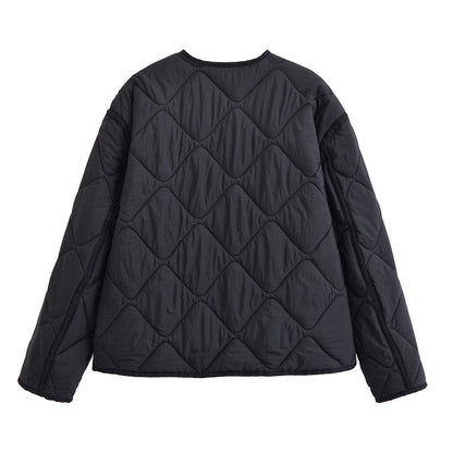 Round neck single breasted diamond grid cotton jacket for women
