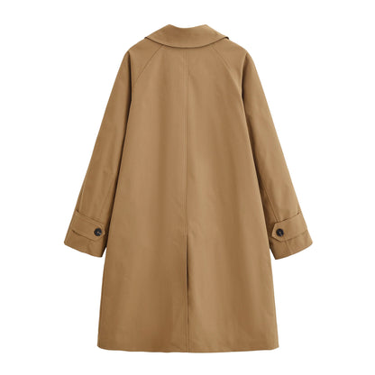 Stand up collar mid length solid color trench coat for women
