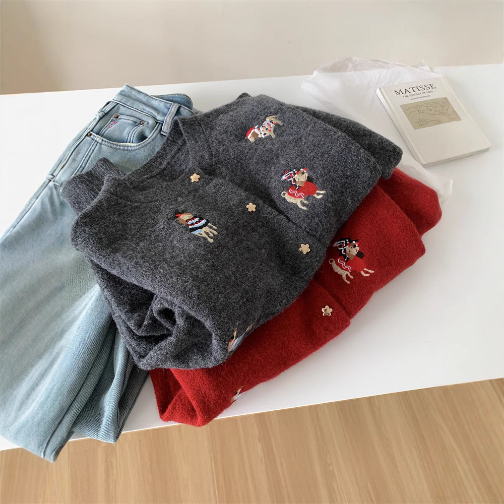 Vintage Heavy Embroidery Christmas Red Dog Knit Cardigan Women's Design Star Button Sweater Jacket