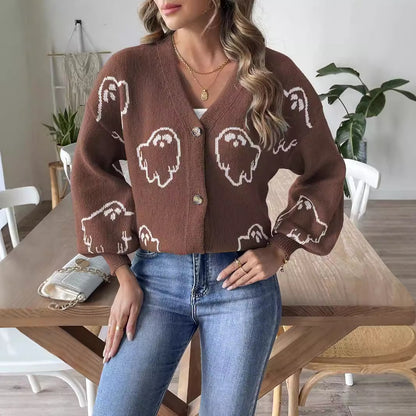 Casual button sweater cartoon jacquard cardigan for women