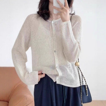 Round Neck Hollow-out Sunscreen Knit Cardigan Women's Version Loose Simple Sweater Coat Jacket